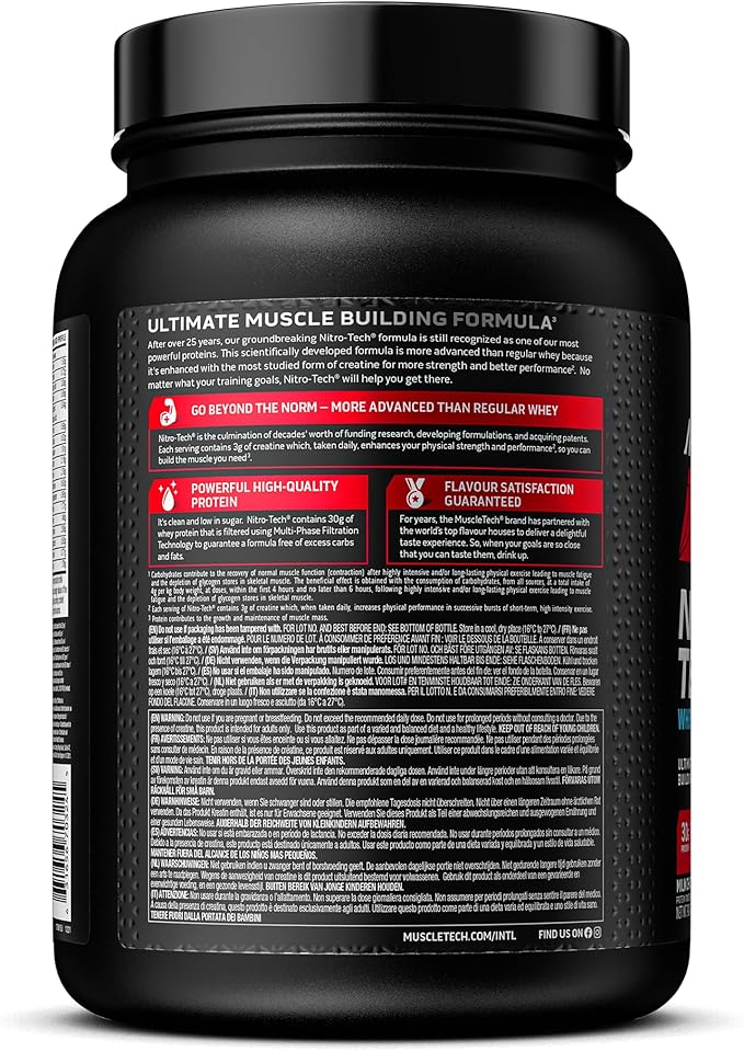 Muscletech Whey Protein Powder (Milk Chocolate, 2.2 Pound) - Nitro-Tech Muscle Building Formula with Whey Protein Isolate & Peptides - 30g of Protein, 3g of Creatine & 6.6g of BCAA