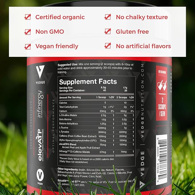 vedge Pre Workout Powder - Workout Powder for Energy & Endurance - Vegan Pre Workout with Beta Alanine, L-Taurine, Caffeine & Citrulline - Pre Workout for Men & Women - Fuji Apple Pear Flavor