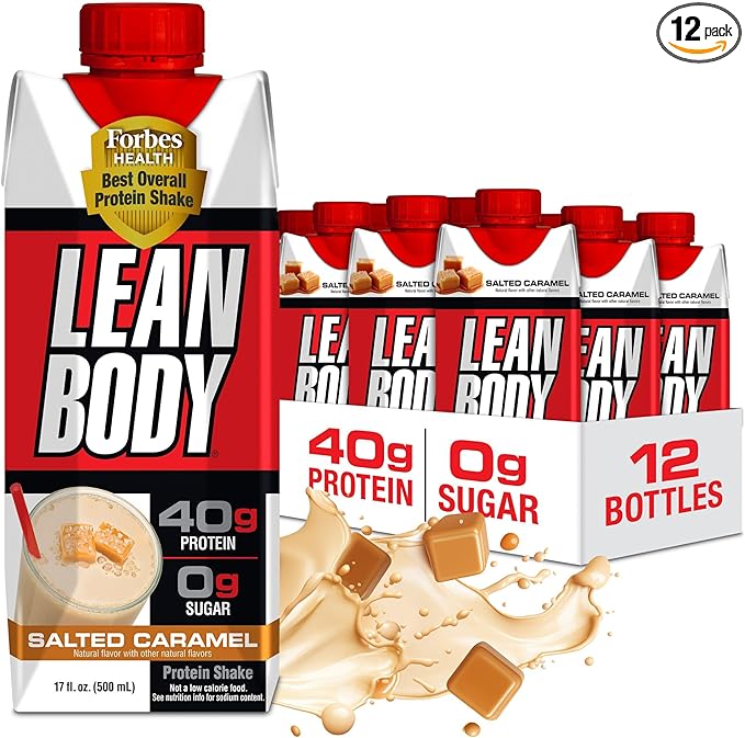 Lean Body Ready-to-Drink Salted Caramel Protein Shake, 40g Protein, Whey Blend, 0 Sugar, Gluten Free, 22 Vitamins & Minerals, 17 Fl Oz (Pack of 12)