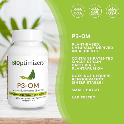 BiOptimizers P3-OM Proteolytic Prebiotics & Probiotics Supplement – Lactobacillus Plantarum for Digestive & Immune Health – Bloating & Gut Relief Support for Men & Women (120 Vegan Capsules)