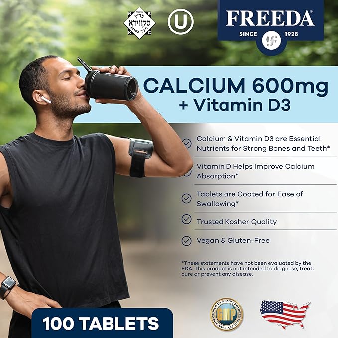 Freeda Calcium 600 mg Vitamin D3 400 IU Tablets - Bone Support Calcium Supplement plus Vitamin D for Absorption - Kosher, Gluten Free Easy To Swallow Coated Calcium D3 Tablets for Women & Men (100 Ct)