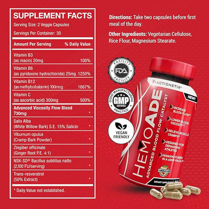 HemoAde Advanced Blood Flow Catalyst, Muscle Cramp Defense, Increase VO2, Endurance Supplement, Athletic Performance Supplements, Running Supplement, Mountain Bike Supplement, 60 Capsules