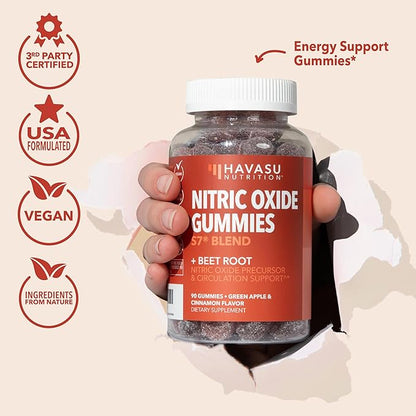 Nitric Oxide Gummies for Men and Women - Nitric Oxide Supplement with L-Arginine and Beet Root - Green Apple and Cinnamon Flavor - 90 Vegan, Gluten-Free and Non-GMO Nitric Oxide Gummies