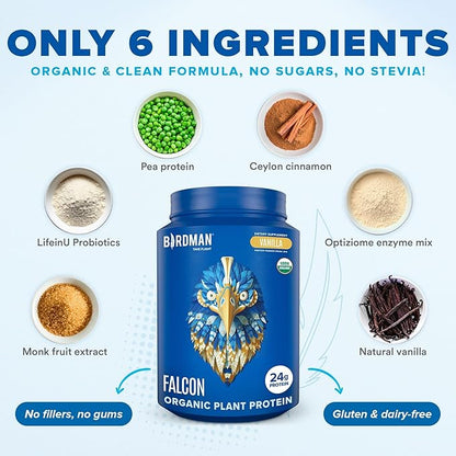 BIRDMAN Falcon Vegan Protein Powder Organic, Stevia & Sugar Free, Plant Based Protein, Low Carb, Dairy Free, Keto, Non Whey Protein, Probiotic, Pea Protein | Vanilla Flavor - 40 Servings - 2.64lb