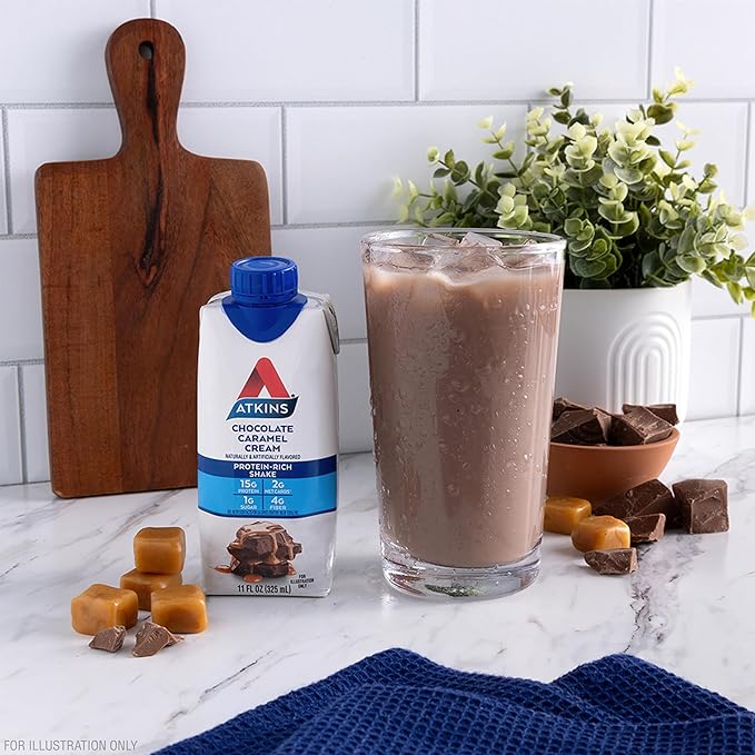 Atkins Protein Rich Shake, Chocolate Caramel Cream, 15g Protein, Low Glycemic, 2g Net Carbs, 1g Sugar, Low Carb Lifestyle, Gluten Free, 12 count