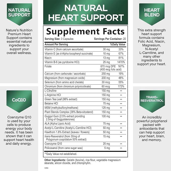 Heart Supplements for Men & Women, 1650mg for Heart Health Support with CoQ10, Hawthorn, Plant Sterol & More, Heart Vitamins & Extracts to Support Nitric Oxide & Energy Production - 60 Capsules