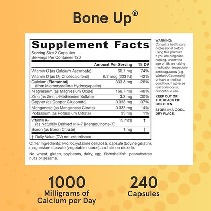 Jarrow Formulas BoneUp for Bone Density and Skeletal Nutrition, Includes Vitamin D3, K2 (as MK-7) and Calcium, 240 Capsules