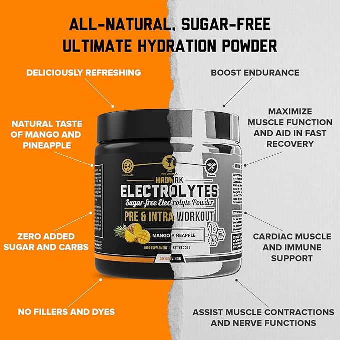 HRDWRK Electrolytes Powder with Magnesium, Potassium - Sugar Free Electrolytes Boost Endurance and Reduce Fatigue with This Electrolytes Supplement - Maximum Hydration - Keto Friendly