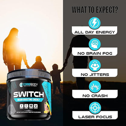 Switch, Brain Boosting Nootropic Energy Supplement, Increase Mental Focus & Cognitive Function, Enhances Mood & Memory, Alpha GPC, Ashwagandha, Sugar Free Energy Powder-Keto