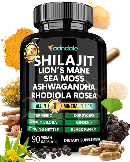Shilajit for Men 11-in-1 Pure Himalayan Organic Shilajit Capsules with Sea Moss Ashwagandha Rhodiola Rosea Panax Ginseng Turmeric Lion’s Mane Ginkgo. Shilajit Capsules for Women.