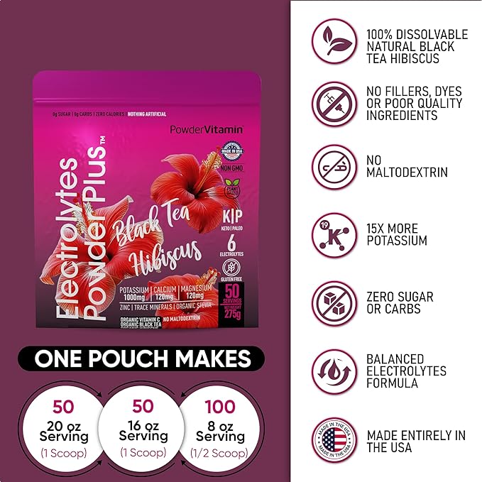 Electrolytes Powder Plus (50 Servings) Black Tea Hibiscus Electrolyte Powder Keto, Sugar Free, Pink Himalayan Salt,1000mg Potassium,120mg Calcium,120mg Magnesium, Hydration Powder