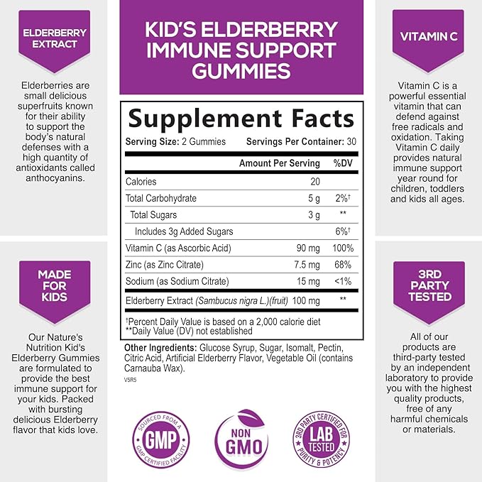Sambucus Elderberry Immune Gummies for Kids with Vitamin C, Zinc & Elderberry, Daily Childrens Immune Support Vitamins Gummy Children Ages 4 Up, Natures Supplement, Non-GMO, Berry Flavor, 60 Gummies