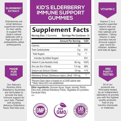 Sambucus Elderberry Immune Gummies for Kids with Vitamin C, Zinc & Elderberry, Daily Childrens Immune Support Vitamins Gummy Children Ages 4 Up, Natures Supplement, Non-GMO, Berry Flavor, 60 Gummies