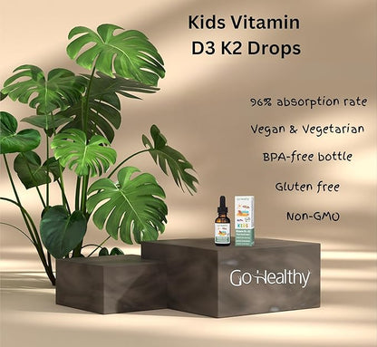 Go Healthy Vitamin D3 K2 (MK-7) All-Trans Drops for Kids - Easy-to-Absorb Vegan D Liquid, Children's Growth & Immune Support, Gluten Free, Delicious Vanilla Flavor - 30 Servings