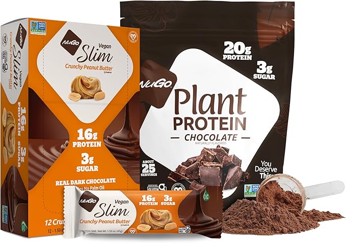 NuGo Slim Dark Chocolate Crunchy Peanut Butter, 17g Vegan Protein, 3g Sugar, 12 Count and NuGo Plant Protein Powder, 20g Protein, 3g Sugar, 25 Servings