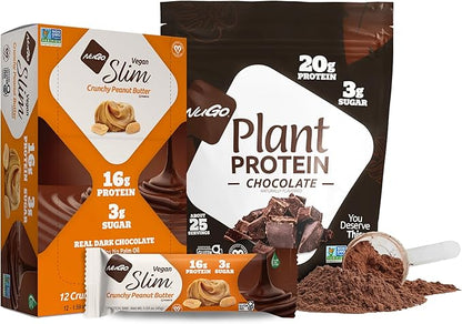 NuGo Slim Dark Chocolate Crunchy Peanut Butter, 17g Vegan Protein, 3g Sugar, 12 Count and NuGo Plant Protein Powder, 20g Protein, 3g Sugar, 25 Servings