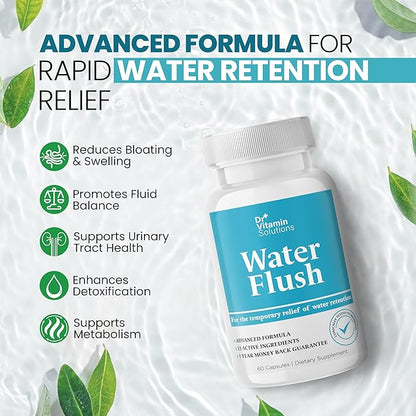 Diuretic Water Pills for Weight Control, 12 Active Ingredients (Green Tea, Cranberry & More), Instant Relief from Bloat & Swelling, Water Retention Pills for Women & Men - 60 Caps