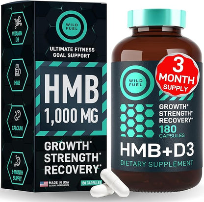 HMB Supplements for Men & Women with Vitamin D3 - 3-Months Supply, 1,000 MG Calcium beta-Hydroxy beta-methylbutyrate per Serving for Muscle Growth, Strenghth and Fast Workout Recovery - 180 Capsules