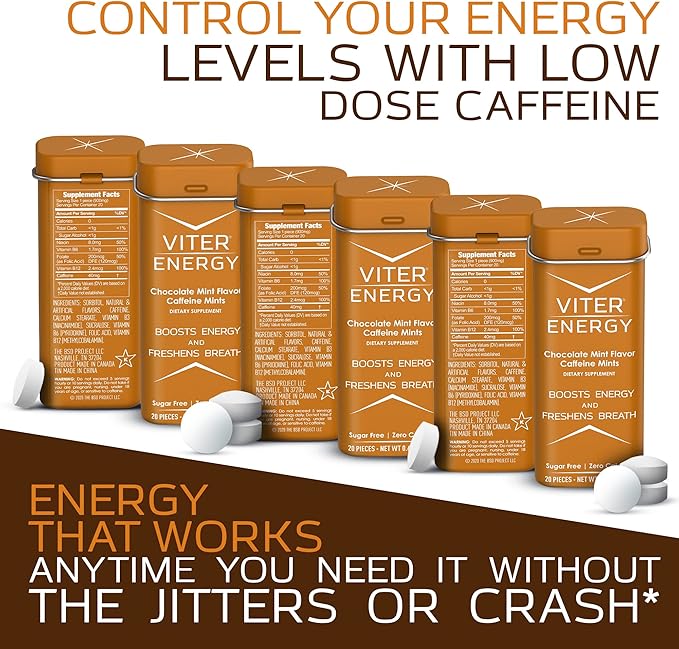 Viter Energy Caffeinated Mints 40mg Caffeine, B Vitamins, Sugar Free. (Chocolate Mint, 20pcs, 6 Pack)