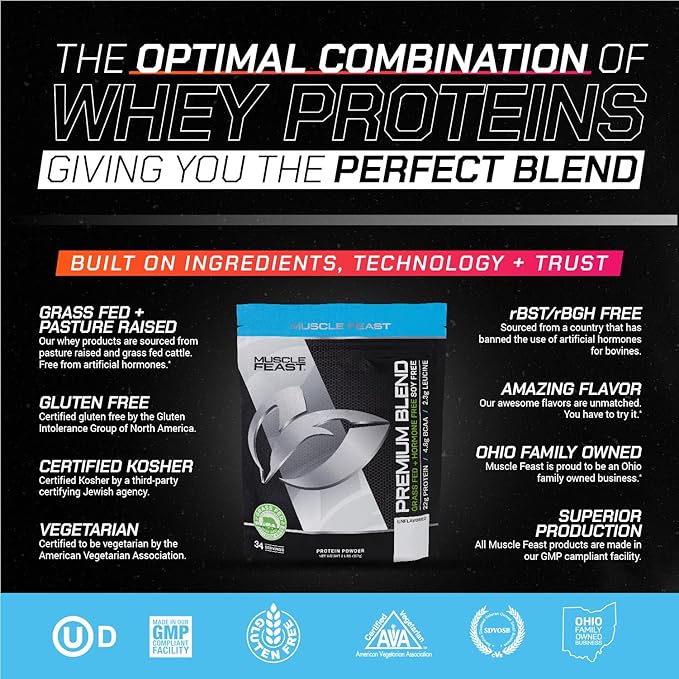 Muscle Feast Premium Blend All Natural Hormone Free Grass-Fed Whey Protein Powder, Unflavored, 2lb