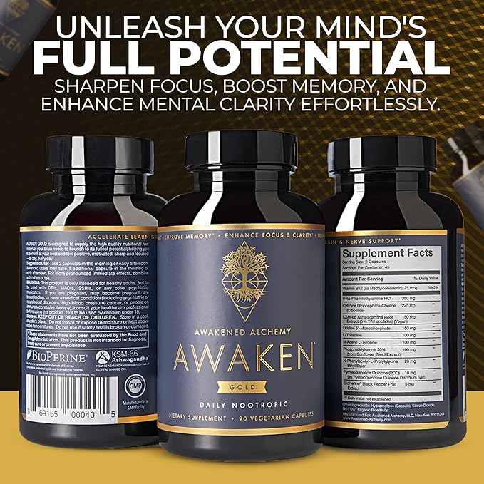 Awaken Gold Premium Nootropic Supplement | Advanced Brain Nutrition | Improve Memory & Learning | Enhance Focus & Clarity | Intensify Drive | 11 Premium Ingredients | 45 Servings