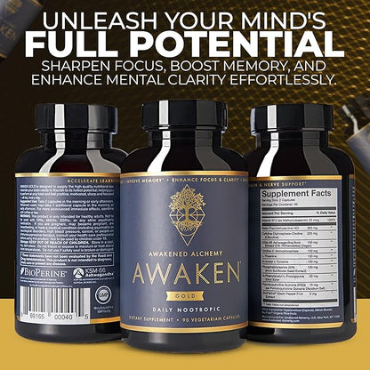 Awaken Gold Premium Nootropic Supplement | Advanced Brain Nutrition | Improve Memory & Learning | Enhance Focus & Clarity | Intensify Drive | 11 Premium Ingredients | 45 Servings