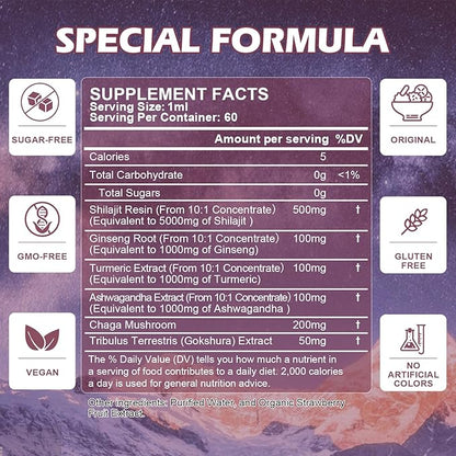 Shilajit Resin Liquid Drops | Shilajit for Men and Women with Ashwagandha, Turmeric, Ginseng, Chaga, 85+ Trace Minerals Fulvic Acid Shilajit Resin Complex for Immune Support, Energy Booster - Vegan