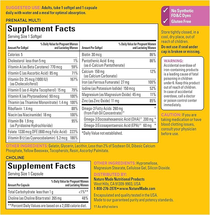 Nature Made Prenatal Vitamin Softgels + Choline Capsules, Folic Acid + DHA + Choline, 60 Prenatal Vitamins for Women, 60 Choline Supplements Capsules, 60 Day Supply