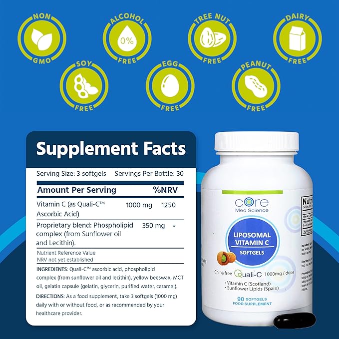 Liposomal Vitamin C 1000mg by Core Med Science, 90 Softgels - Non-GMO Natural Liposomal Vitamin C Supplement That Promotes Healthy Skin - Immune System Booster for Adults, Supports Collagen Formation