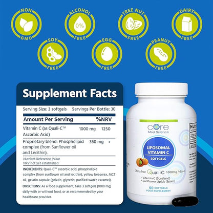 Liposomal Vitamin C 1000mg by Core Med Science, 90 Softgels - Non-GMO Natural Liposomal Vitamin C Supplement That Promotes Healthy Skin - Immune System Booster for Adults, Supports Collagen Formation