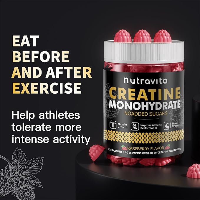 Creatine Monohydrate Gummies for Men & Women-5g of Creatine Monohydrate per Serving - Sugar Free,Vegan, Raspberry Flavor, 120 Count