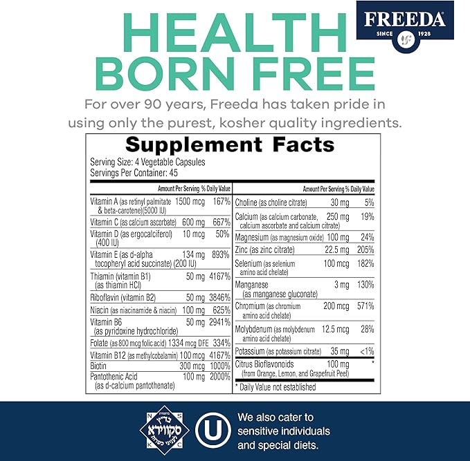 FREEDA Multivitamin – SCD Multivitamin - Kosher Multi Vitamins Supplements for Women Health - Men’s Vitamins for Men Health - Multivitamins for Men & Women Adult Vitamins Multivitamin (180 Count)