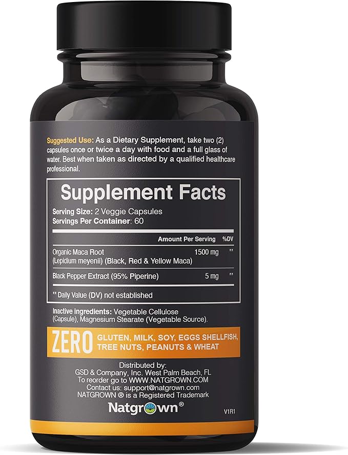 Natgrown Organic Maca Root Powder Capsules 1500 mg with Black + Red + Yellow Peruvian Maca Root Extract Supplement for Men and Women - Vegan Pills