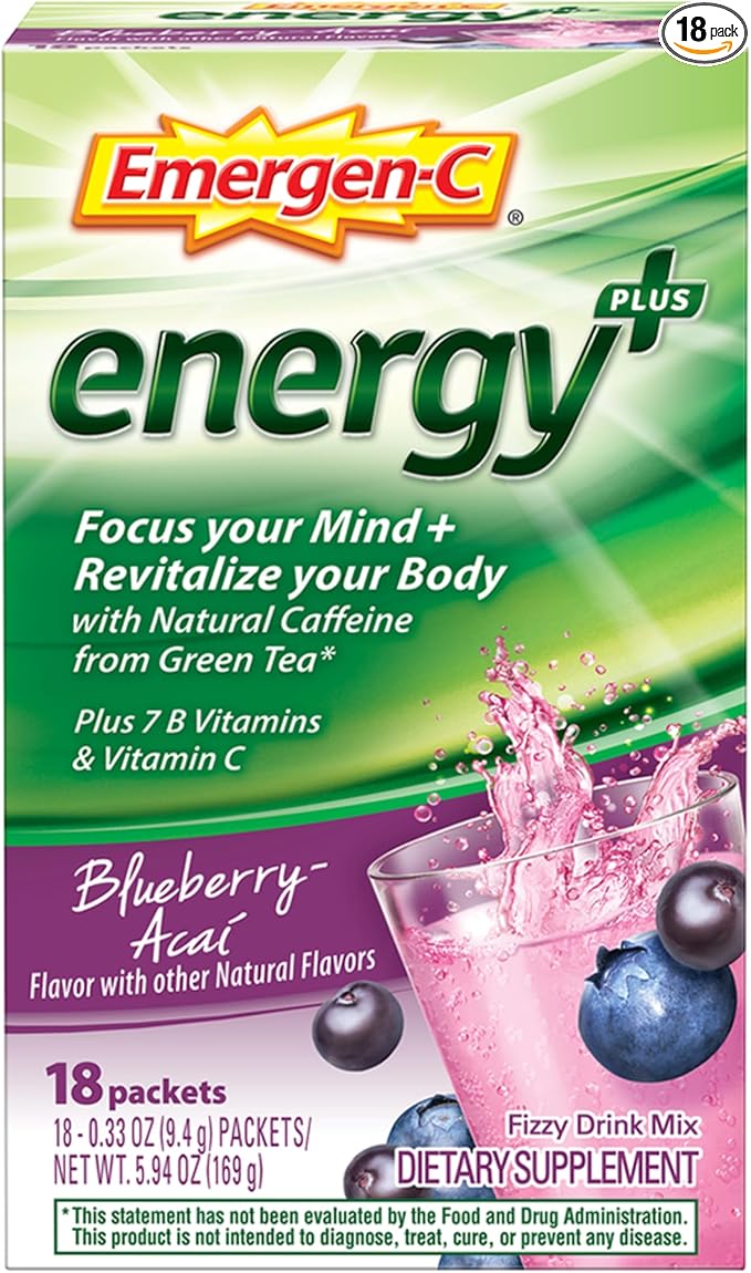 Emergen-C Energy+, With B Vitamins, Vitamin C And Natural Caffeine From Green Tea(Blueberry Acai Flavor) Dietary Supplement Drink Mix, 0.33 Ounce Powder Packets(Pack of 18)