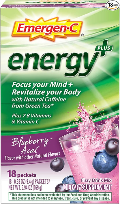 Emergen-C Energy+, With B Vitamins, Vitamin C And Natural Caffeine From Green Tea(Blueberry Acai Flavor) Dietary Supplement Drink Mix, 0.33 Ounce Powder Packets(Pack of 18)