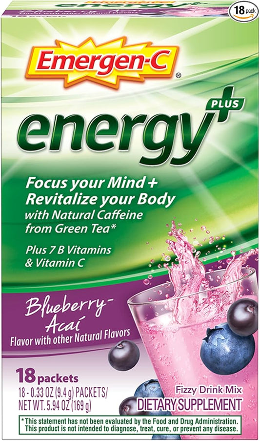 Emergen-C Energy+, With B Vitamins, Vitamin C And Natural Caffeine From Green Tea(Blueberry Acai Flavor) Dietary Supplement Drink Mix, 0.33 Ounce Powder Packets(Pack of 18)