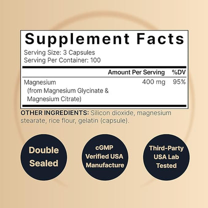 Magnesium Complex 400mg Supplement, 300 Capsules | Magnesium Glycinate + Citrate Elemental Forms – Essential Minerals for Heart, Muscle, & Digestion Support – Non-GMO & No Gluten