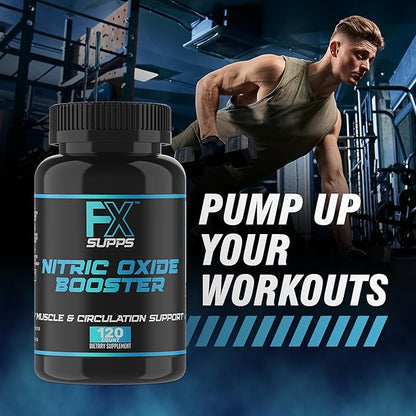FX SUPPS Nitric Oxide Booster | Bodybuilding Pre Workout Pills for Men and Women (1 Pack of 120 Capsules) Boost Energy Pump & Vascularity | Muscle Builder Supplement with Arginine, Best for Athletes