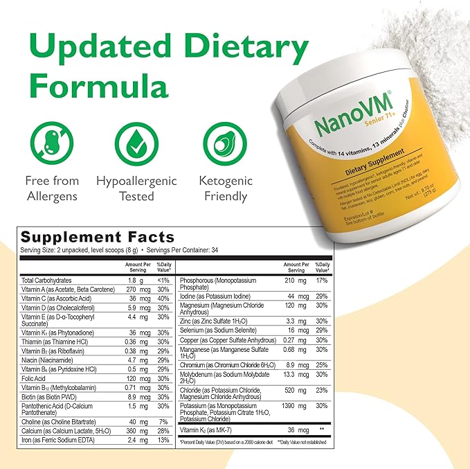 Senior 71+, Allergen-Free Vitamin Supplements, Unflavored Multivitamin Powder with 14 Vitamins & 13 Minerals, Low-Carbohydrate Mineral Supplements, 275g - Solace Nutrition