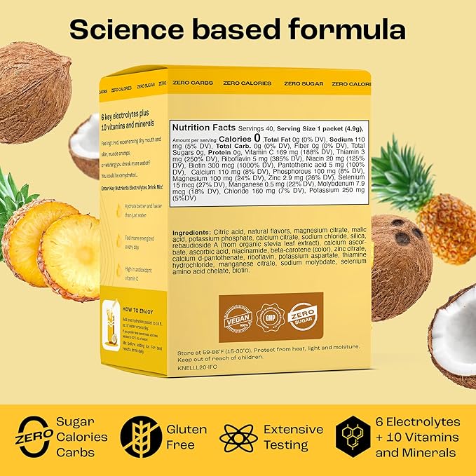 KEY NUTRIENTS Electrolytes Powder Packets - Tropical Pineapple Coconut 40 Pack Hydration Packets - Travel Hydration Powder - No Sugar, No Calories, Gluten Free Keto Electrolytes Powder - Made in USA