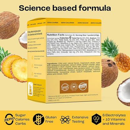 KEY NUTRIENTS Electrolytes Powder Packets - Tropical Pineapple Coconut 40 Pack Hydration Packets - Travel Hydration Powder - No Sugar, No Calories, Gluten Free Keto Electrolytes Powder - Made in USA