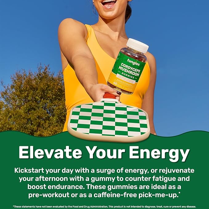 Fungies Cordyceps Mushroom Gummies, Mango & Pineapple Flavor - Mushroom Herbal Supplement Gummy for Adults Supports Endurance, Energy & Performance - Caffeine-Free Energy Gummies - 60 Servings