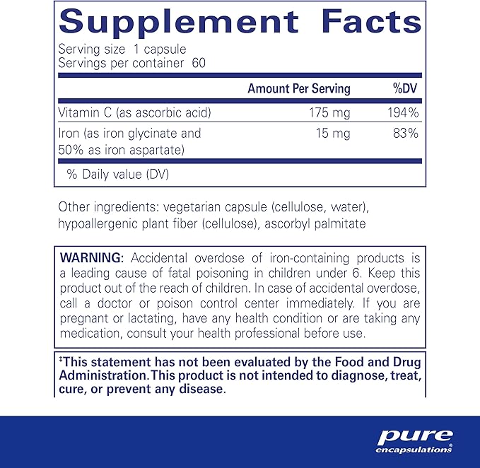 Pure Encapsulations Iron-C - 15 mg Iron - 175 mg Vitamin C - Red Blood Cell Support* - Energy Production - Highly Bioavailable Iron Pill - Gluten Free & Vegan - 60 Capsules