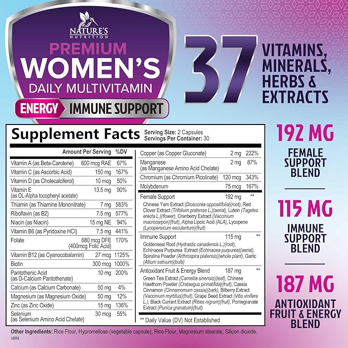 Multivitamin for Women - Womens Daily Multi Vitamin & Multimineral Supplement with Vitamins A, C, D, E, B6, B12, Zinc, Calcium & Magnesium, Energy & Immune Support, Non-GMO, Gluten Free - 60 Capsules