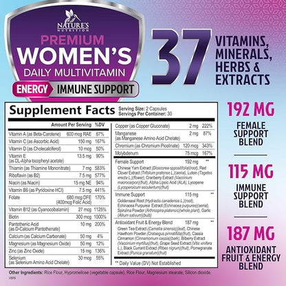 Multivitamin for Women - Womens Daily Multi Vitamin & Multimineral Supplement with Vitamins A, C, D, E, B6, B12, Zinc, Calcium & Magnesium, Energy & Immune Support, Non-GMO, Gluten Free - 60 Capsules