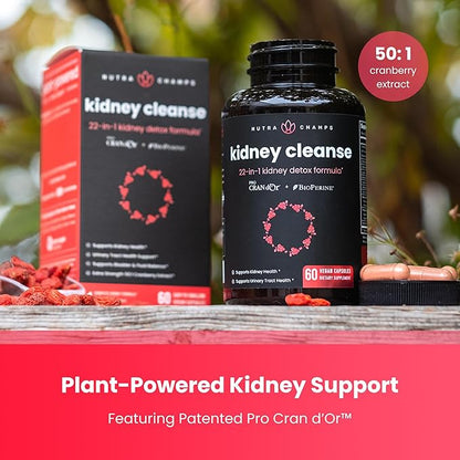 Kidney Cleanse Detox & Repair | 22-In-1 Kidney Health Supplement | Extra Strength 50:1 Cranberry Extract with Bioperine for Increased Absorption | Kidney & Urinary Tract Support & Flush Formula