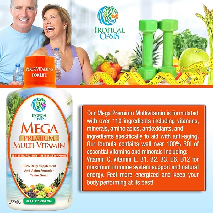 Mega Premium Liquid Multivitamin | Natural Immune Support Vitamin w/ 1333% Vitamin C, 200% D3, Zinc + 20 Vitamins, 70 Minerals, & 21 Amino Acids | Sugar Free | Orange Flavor | 98% Absorption | 32 Serv