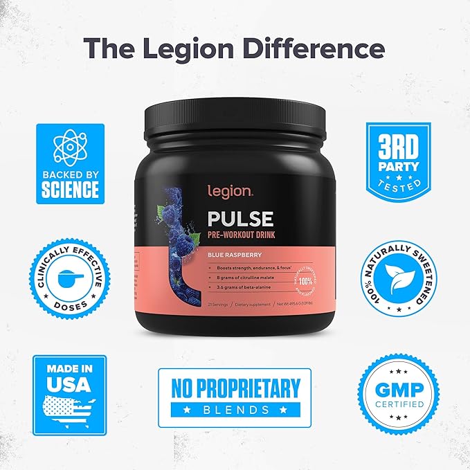 LEGION- All Natural Nitric Oxide Preworkout Drink to Boost Energy, Creatine Free, Naturally Sweetened, Beta Alanine, Citrulline, Alpha GPC (Blue Raspberry)