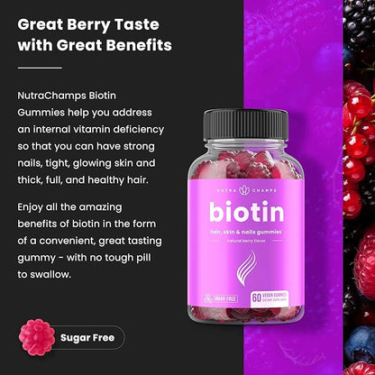 NutraChamps Sugar Free Biotin Gummies 10000mcg [High Potency] - Healthy Hair, Skin & Nails for Women, Men & Kids - 5000mcg in Each Gummy - Vegan Hair Health Vitamins Supplement - Raspberry (2-Pack)