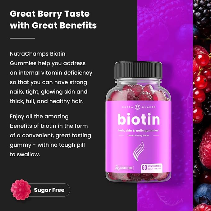 NutraChamps Sugar Free Biotin Gummies 10000mcg [High Potency] - Healthy Hair, Skin & Nails for Women, Men & Kids - 5000mcg in Each Gummy - Vegan, Non-GMO, Hair Health Vitamins Supplement - Raspberry